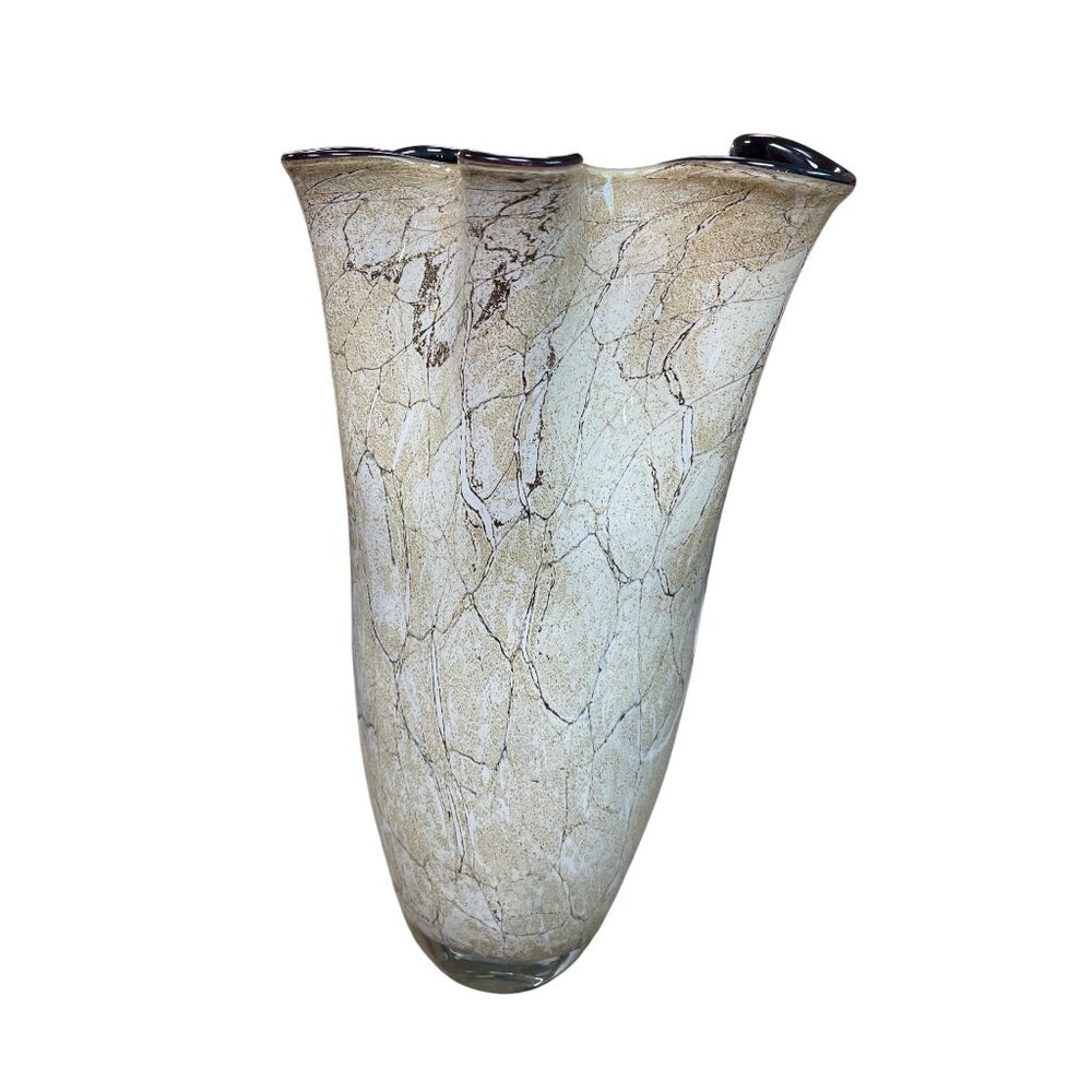 Murano Large hand blown crackle amber ruffled rim glass 14.5 " vase SKU 9761